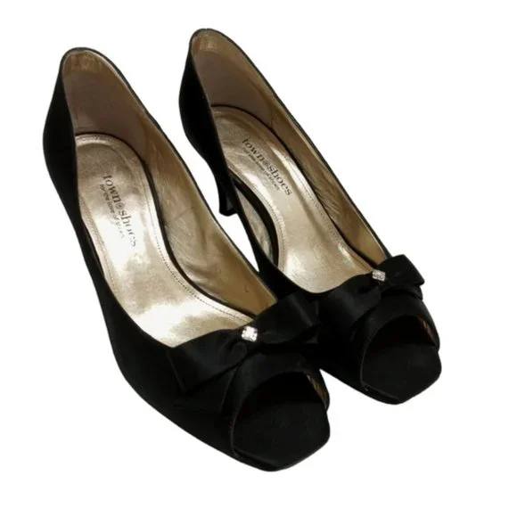 Town Shoes Black Satin Peep-Toe Low Heels
